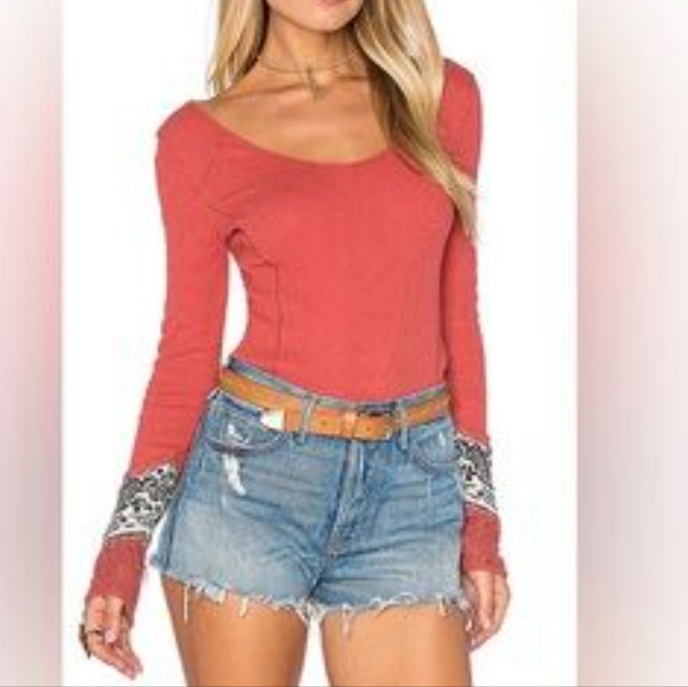 We The Free by Free People Thermal Waffle Knit Boho Cuff Top XS Rust